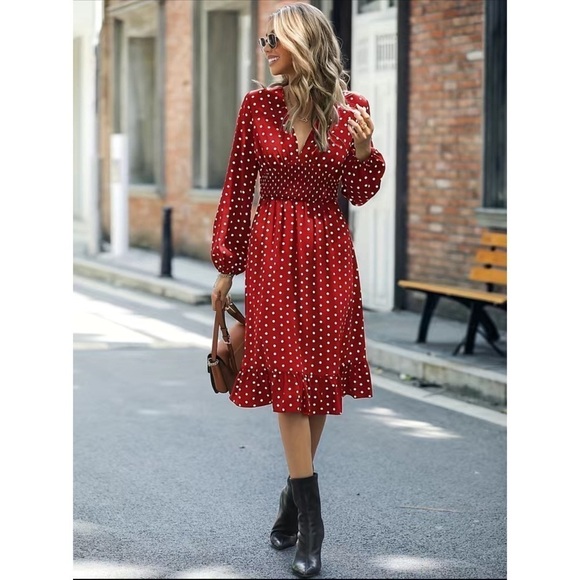 Nwt Retro V Neck Ruffle Long Sleeve Polka Dot Midi Dress Red White M L XL - Picture 3 of 6